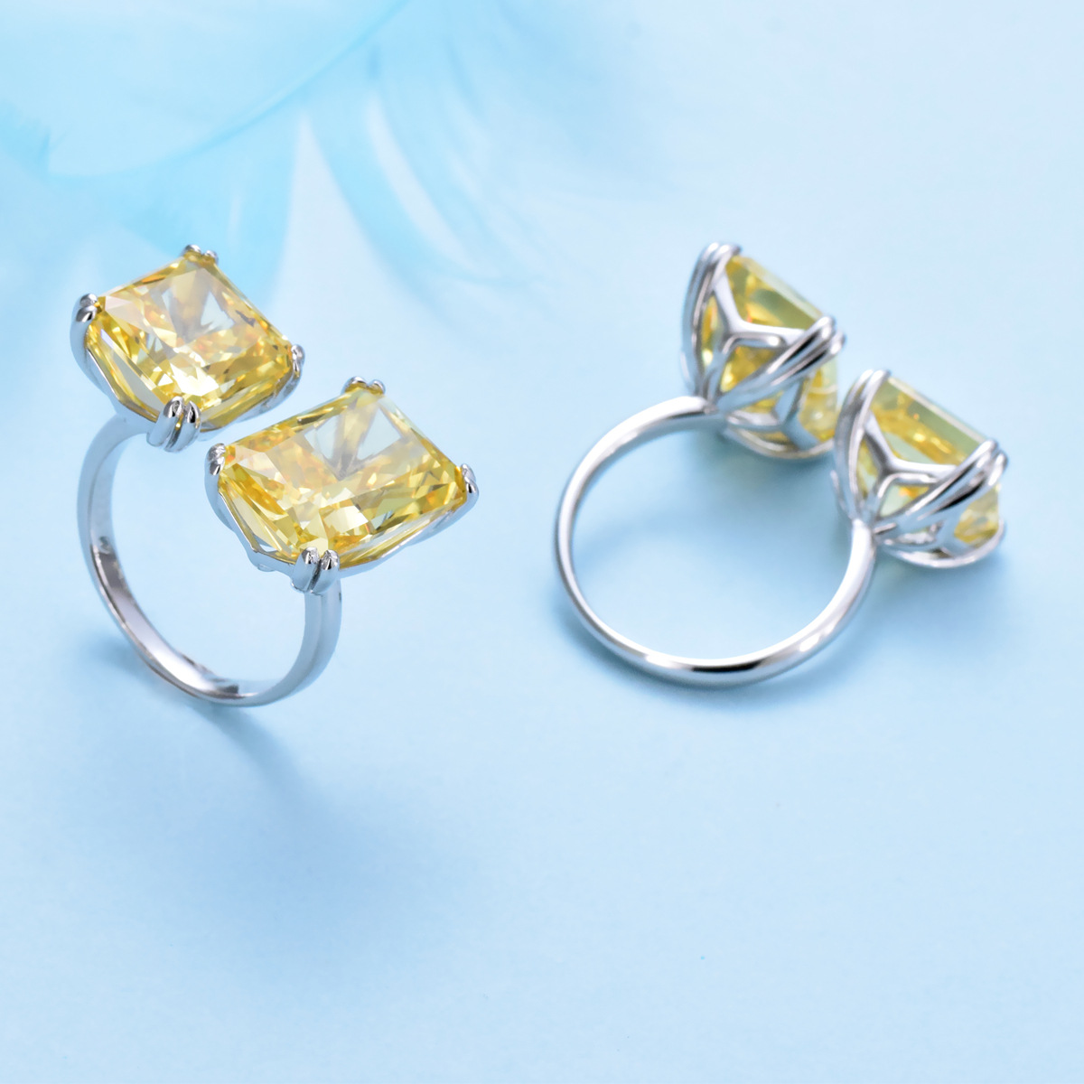 Simple yellow square zircon ring S925 silver open adjustable ring - Image 3