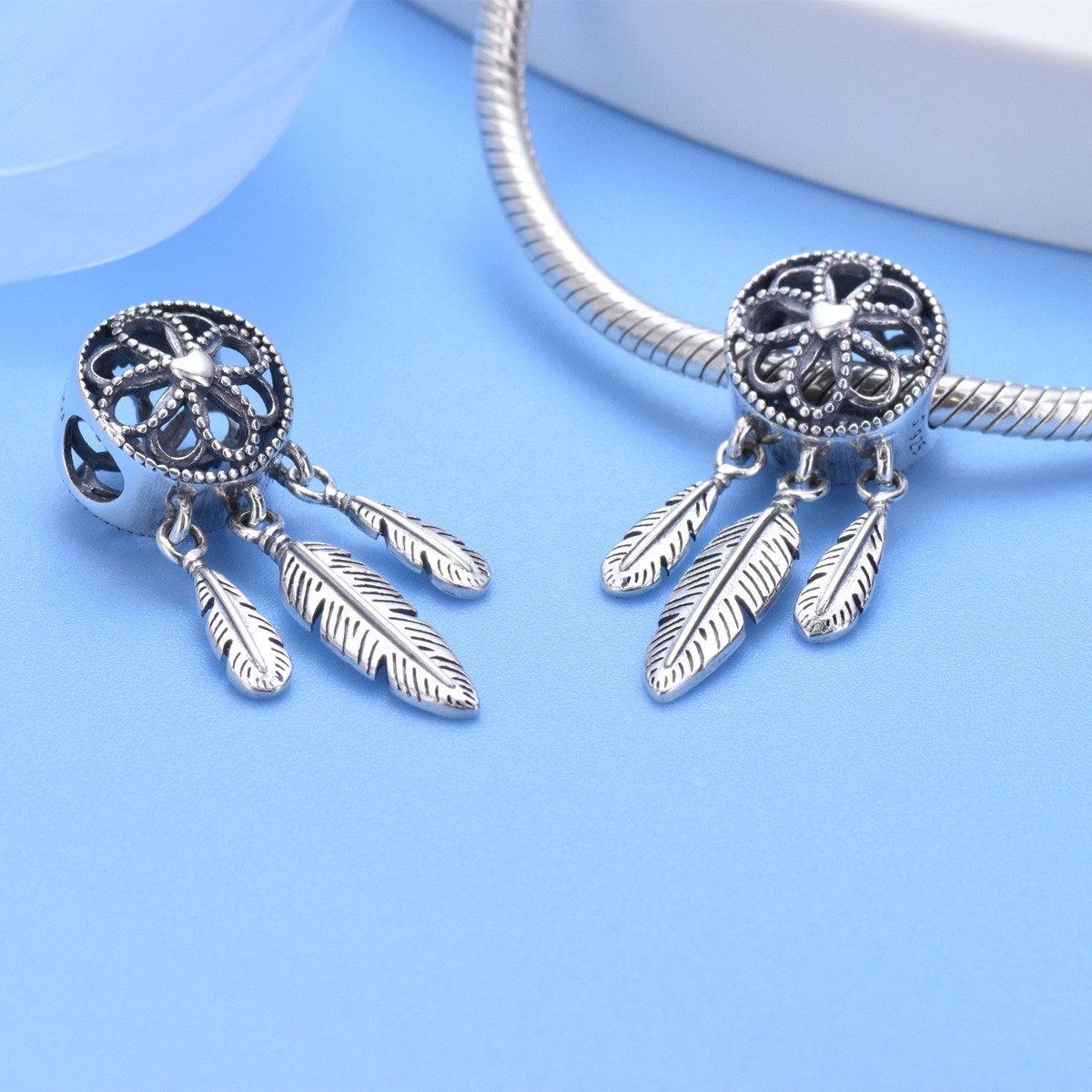 S925 Sterling Silver Beaded DIY Pendant Feathers - Image 4