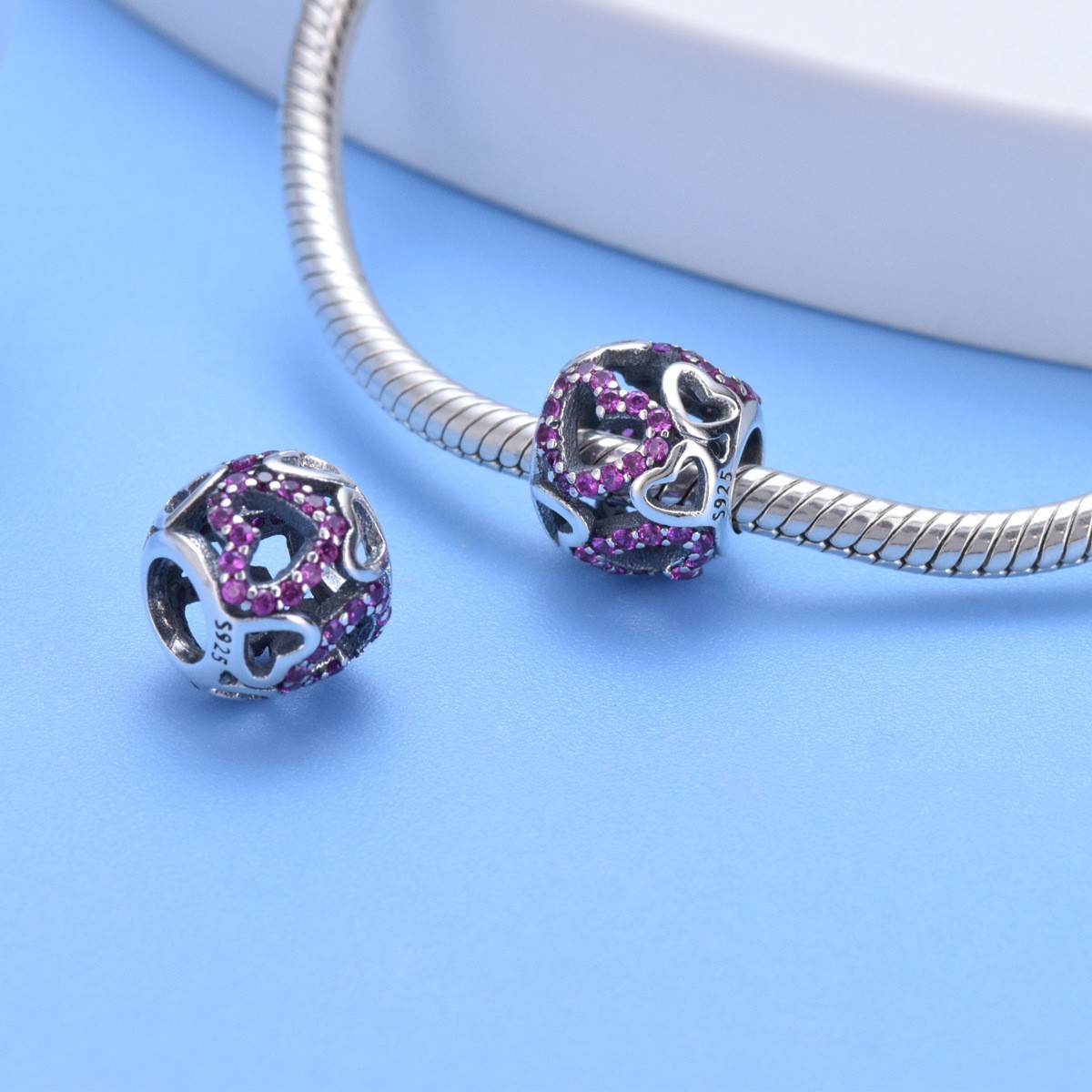 S925 sterling silver beaded DIY pendant hollow purple heart - Image 4