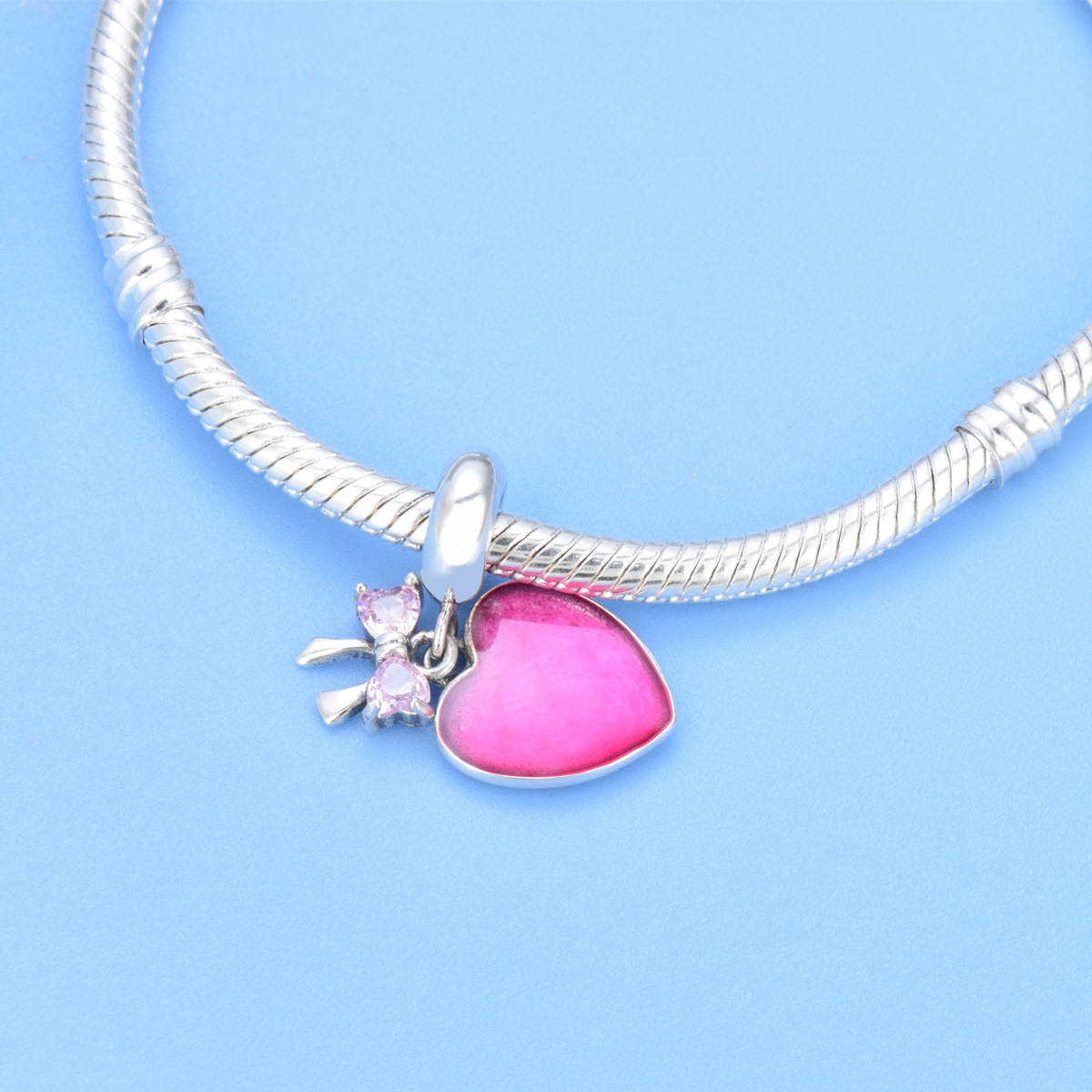 S925 sterling silver beaded DIY pendant pink bow - Image 4