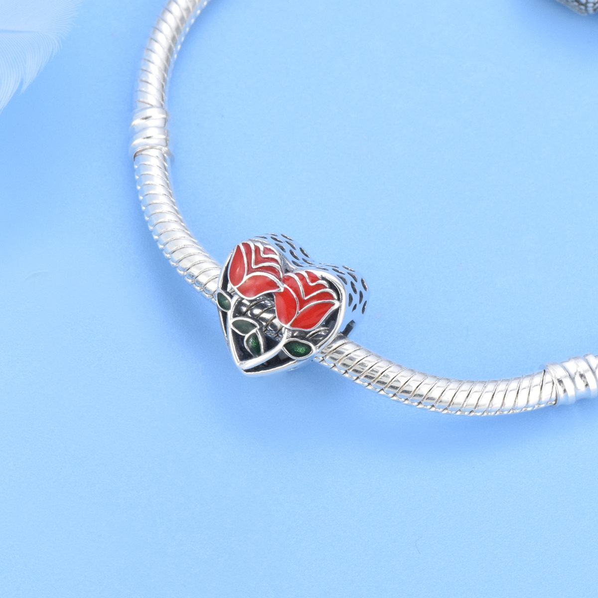 S925 sterling silver beaded DIY pendant red roses - Image 4