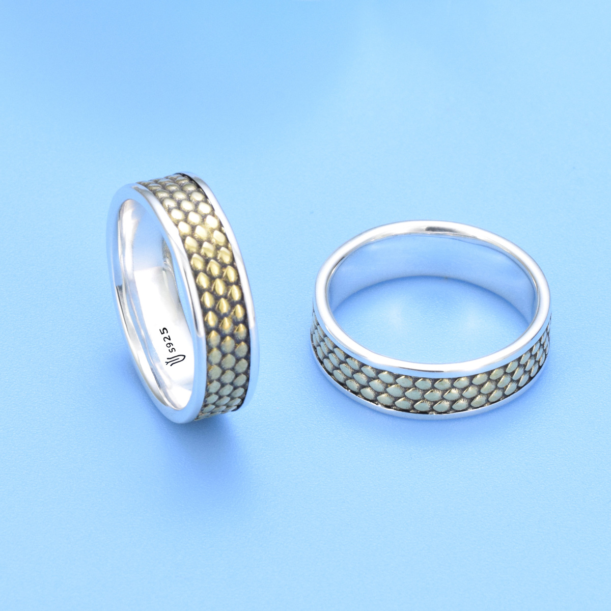 S925 sterling silver couple ring dragon scale pattern gold craft unisex - Image 4