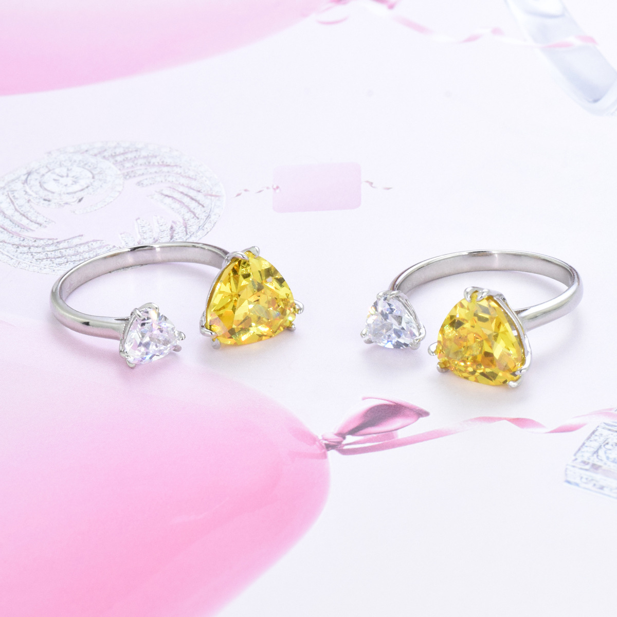 S925 sterling silver yellow ice flower cut zircon triangle ring adjustable - Image 3