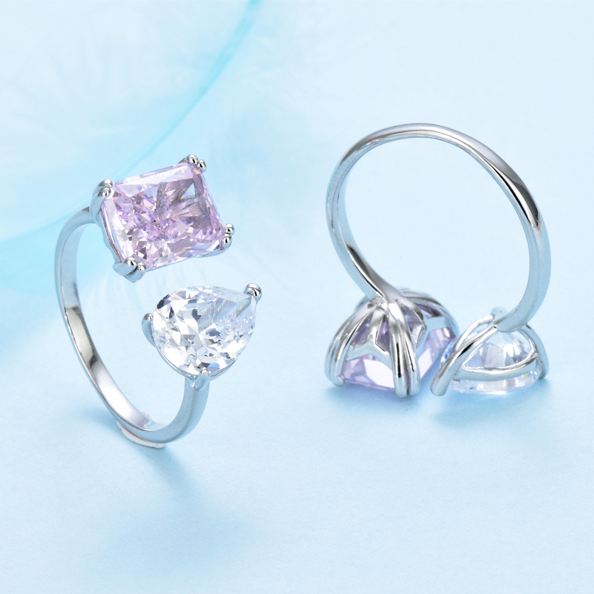925 sterling silver pink square teardrop-shaped zircon inlaid open adjustable ring - Image 4