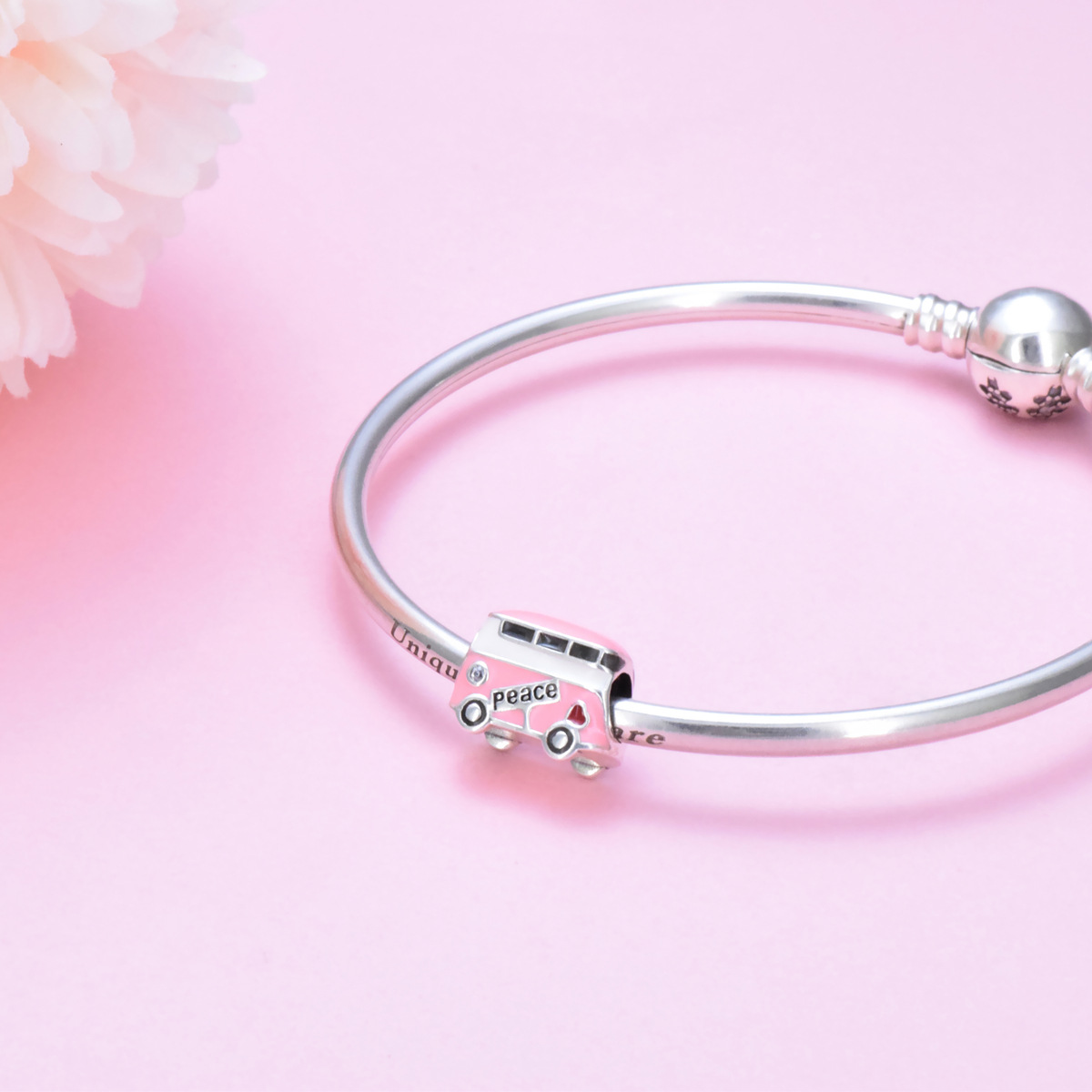 S925 pure silver bead DIY hanging pink bus - Image 4