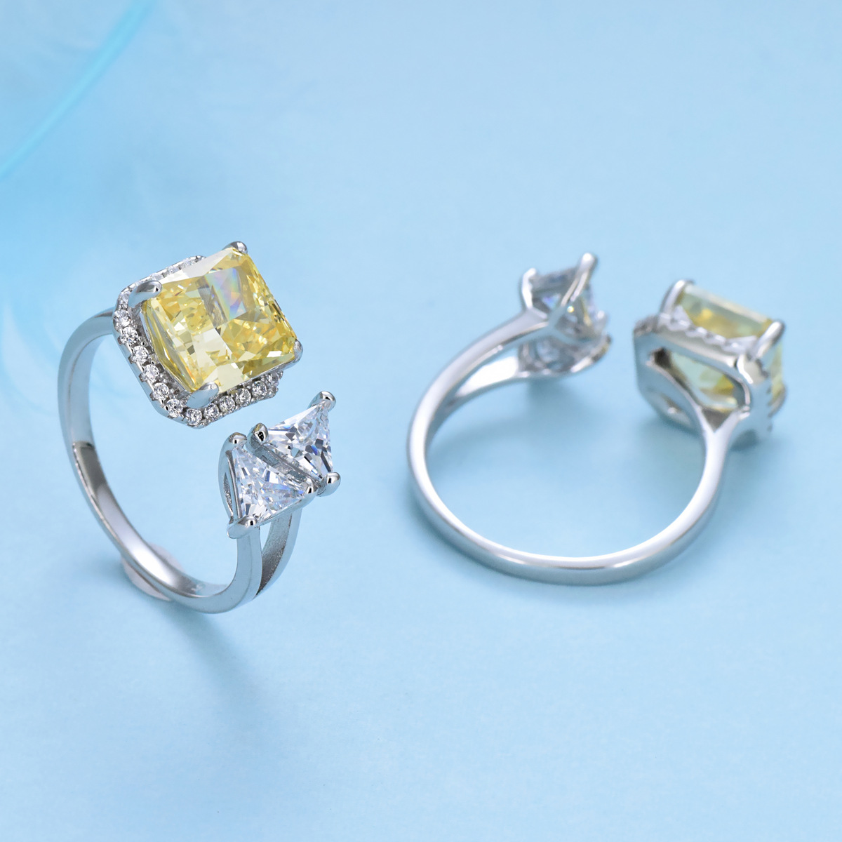 925 silver exaggerated index finger ring fashionable double triangle square yellow zircon ring - Image 4