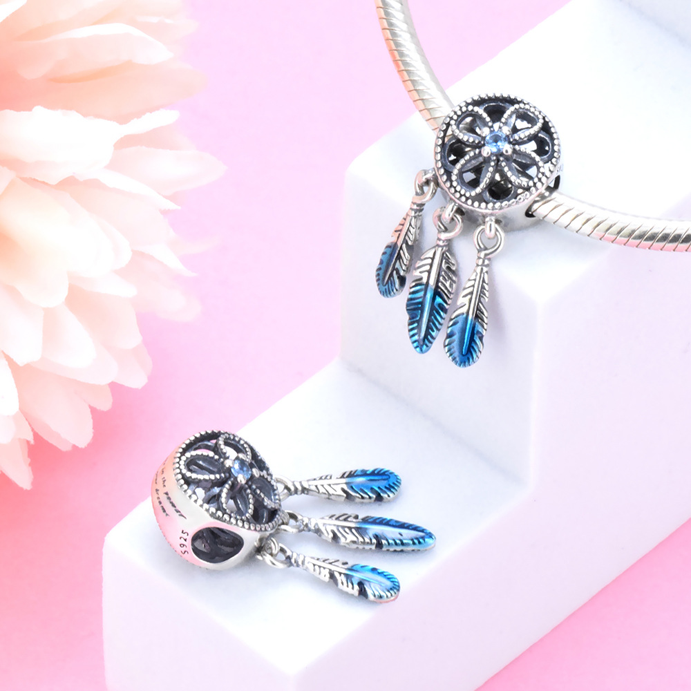 S925 sterling silver bead DIY pendant with blue feathers - Image 4