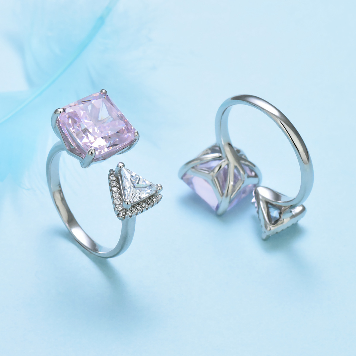 S925 sterling silver female ring set with square pink silver zircon - Image 4