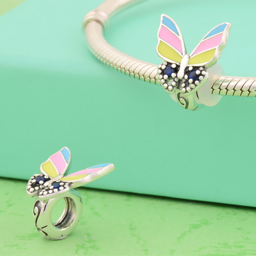 S925 sterling silver bead DIY pendant with colorful butterfly - Image 2