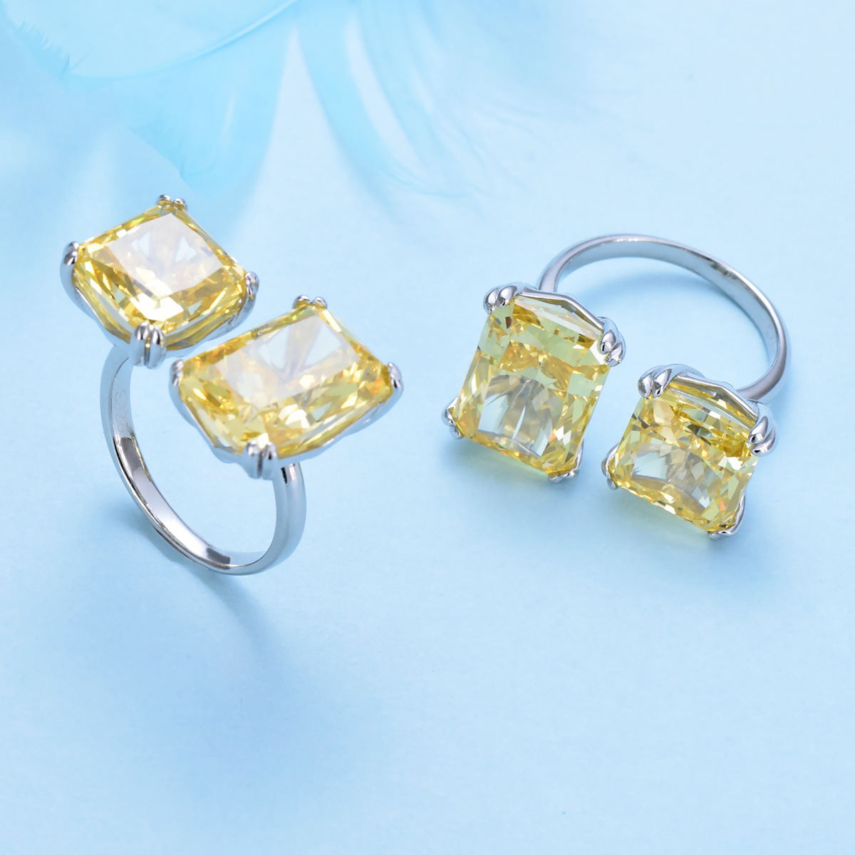 Simple yellow square zircon ring S925 silver open adjustable ring - Image 4