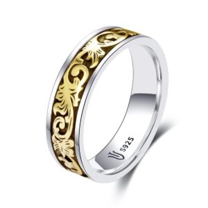 S925 sterling silver couple ring grass pattern gold craft unisex