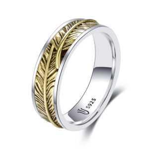 S925 sterling silver couple ring feather pattern gold craft unisex