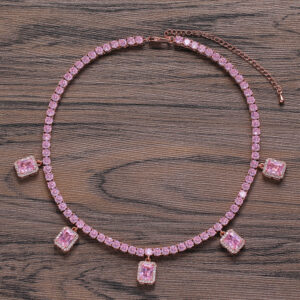 Hip Hop Copper Inlaid Zircon Tennis Chain 5mm Single Row Chain 5 Square Pendant 36cm + 7.6cm Extension Chain Necklace