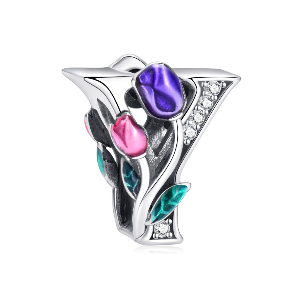 S925 sterling silver DIY beaded pendant tulip 26 letters in english - Image 26