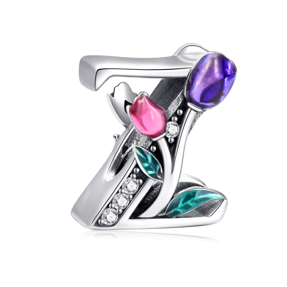 S925 sterling silver DIY beaded pendant tulip 26 letters in english - Image 27