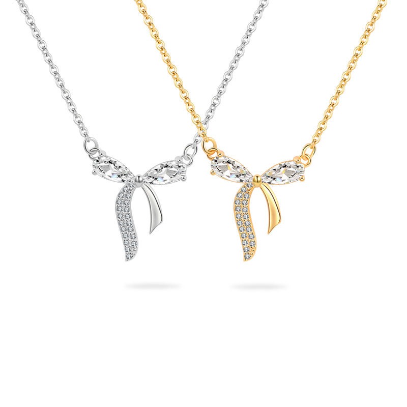 S925 sterling silver necklace silver inlaid zirconia bow pendant clavicle chain