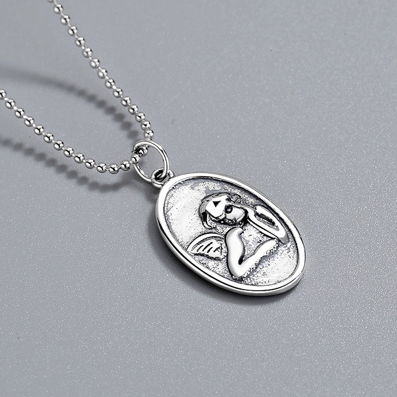 S925 sterling silver necklace oval angel pendant elongated sweater chain clavicle chain - Image 4