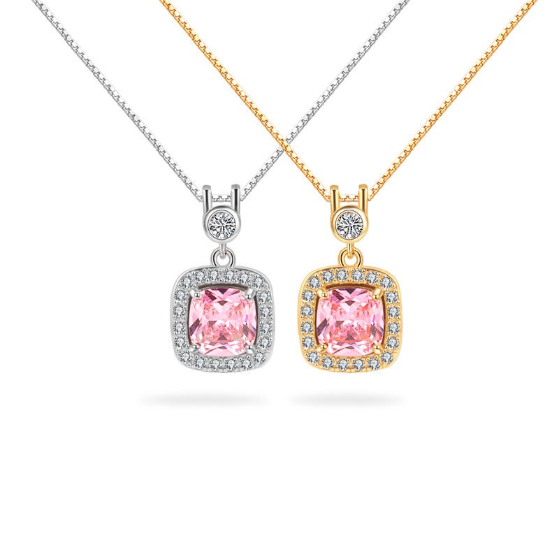 S925 sterling silver necklace square pink zircon pendant clavicle chain