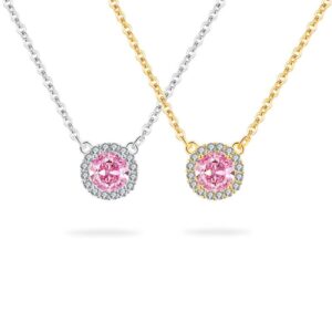 S925 Sterling Silver Necklace Pink Round Zircon Pendant Clavicle Chain