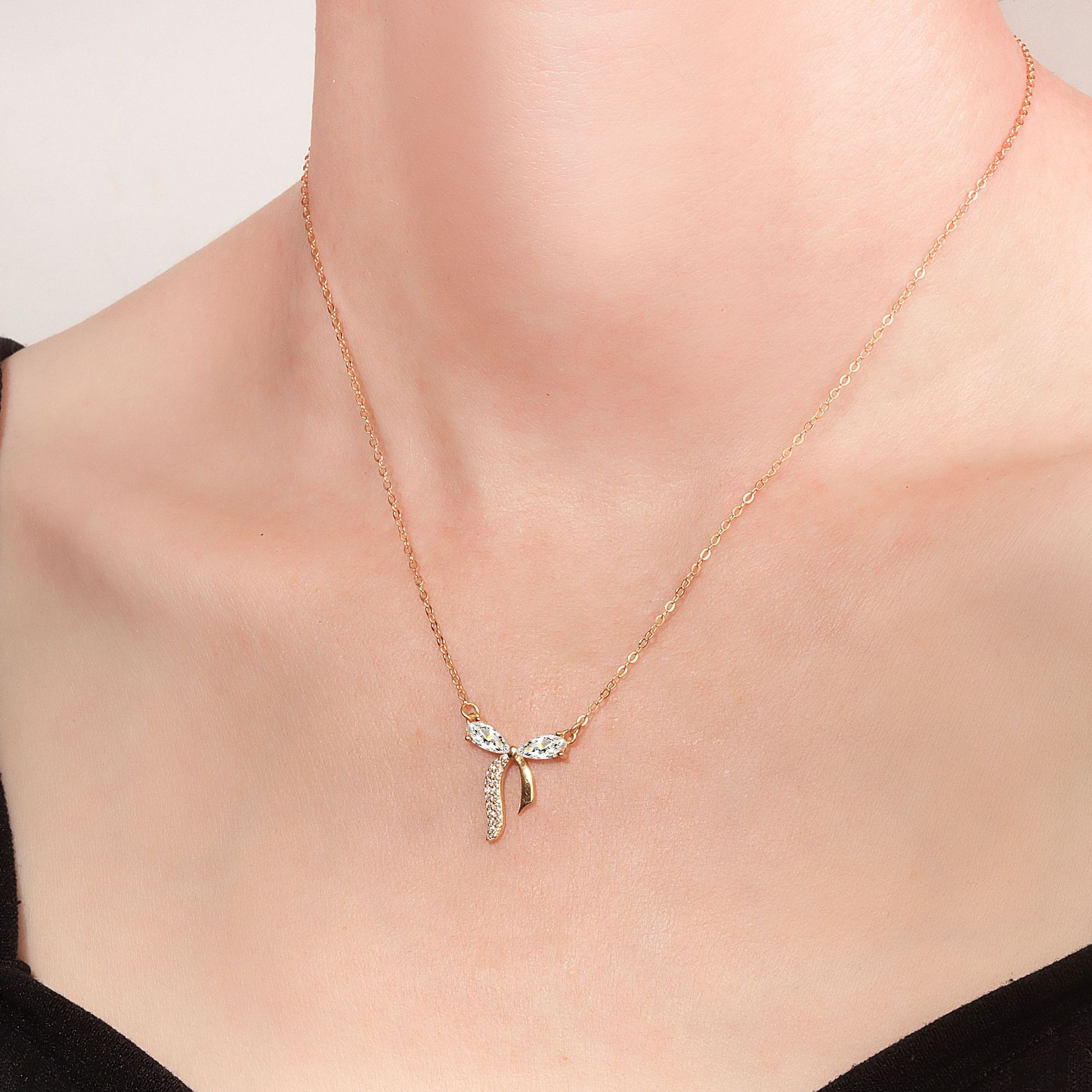 S925 sterling silver necklace silver inlaid zirconia bow pendant clavicle chain - Image 5