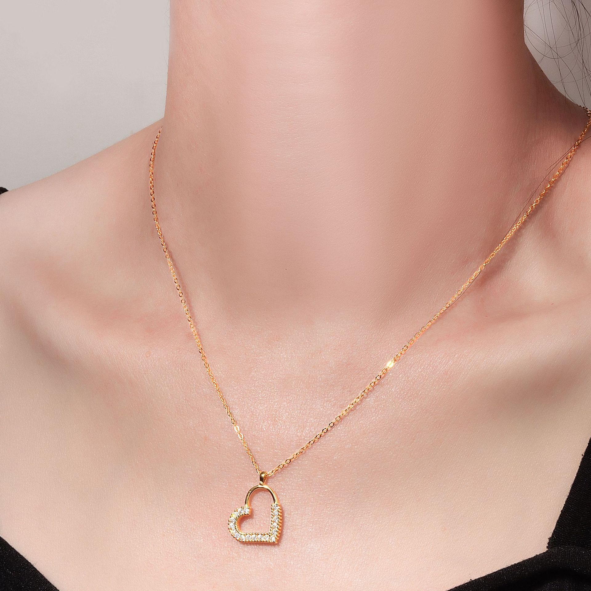 S925 sterling silver necklace silver inlaid zircon heart pendant clavicle chain - Image 5