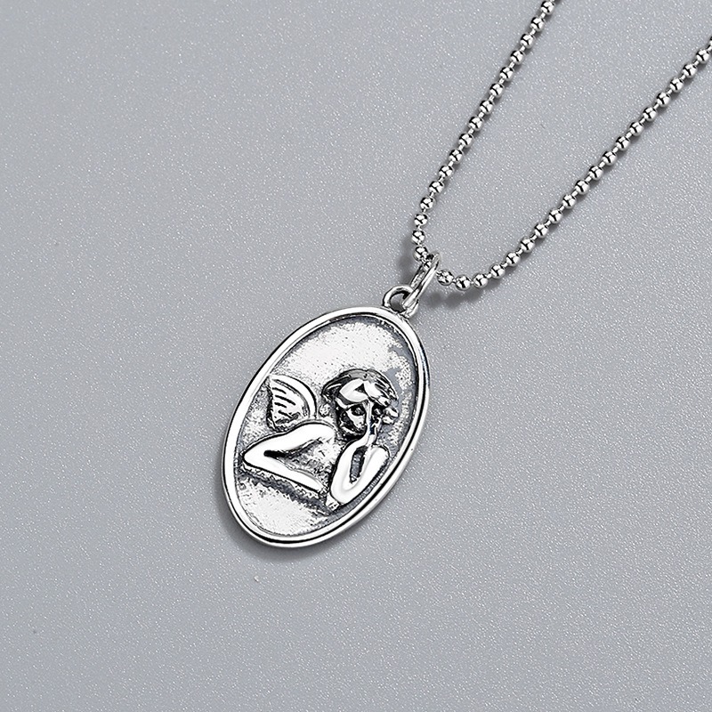 S925 sterling silver necklace oval angel pendant elongated sweater chain clavicle chain - Image 3