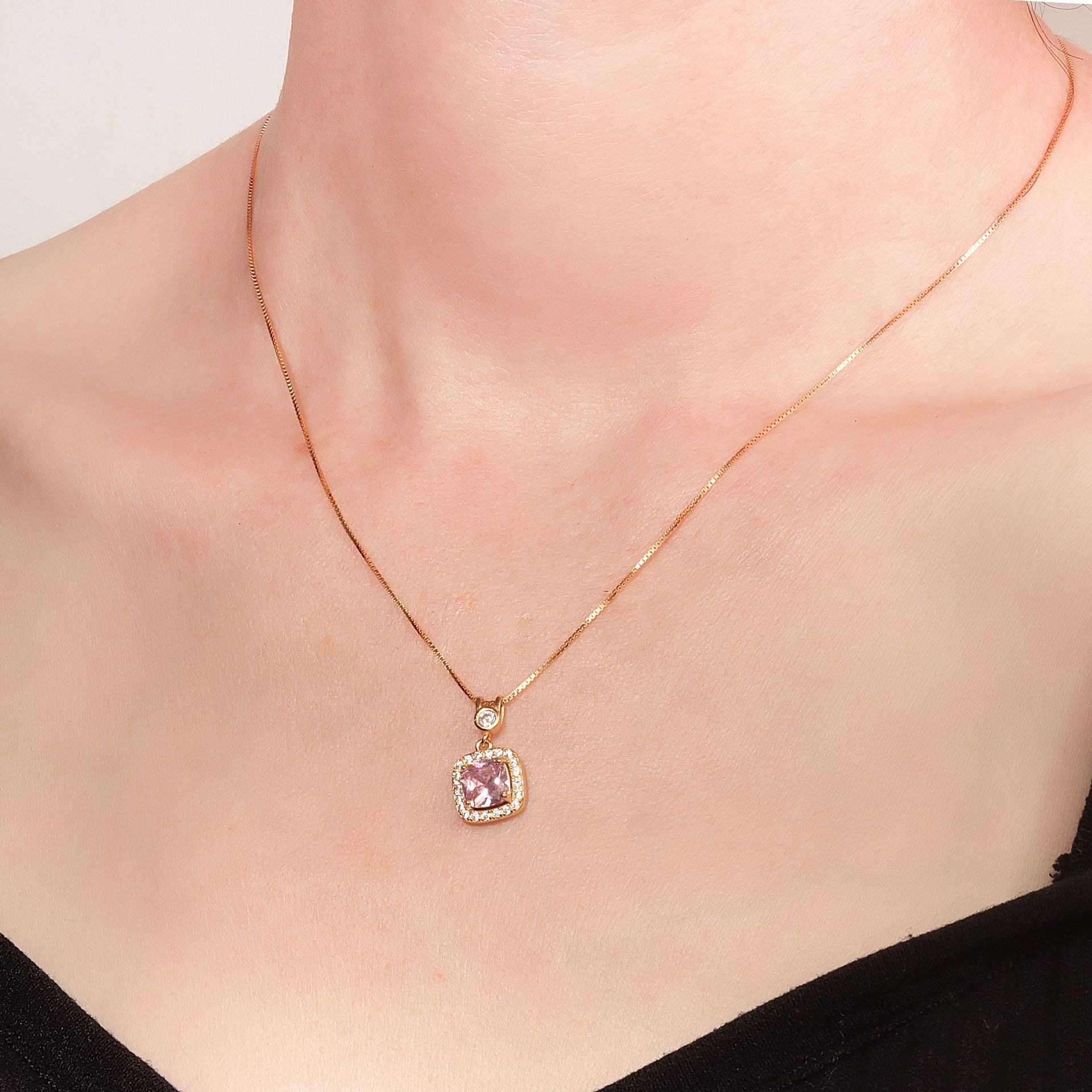 S925 sterling silver necklace square pink zircon pendant clavicle chain - Image 5