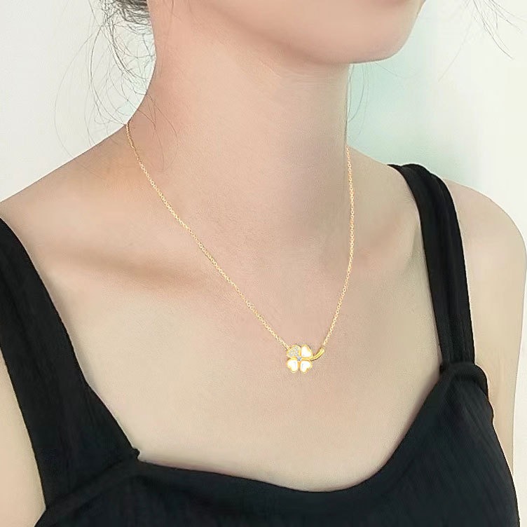 S925 sterling silver necklace mother-of-pearl four-leaf clover pendant clavicle chain - Image 5