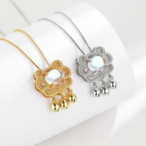 S925 sterling silver necklace moonstone bell longevity lock pendant clavicle chain