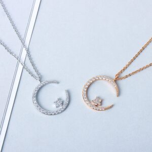 S925 sterling silver necklace silver inlaid with zircon star and moon pendant clavicle chain