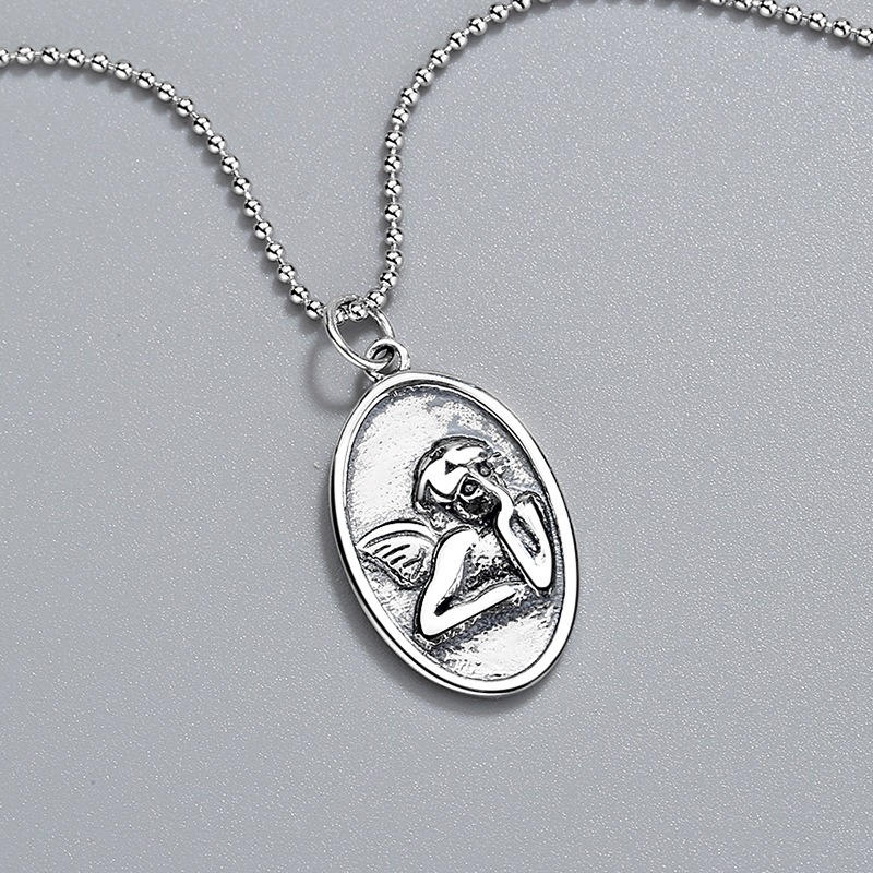S925 sterling silver necklace oval angel pendant elongated sweater chain clavicle chain - Image 2
