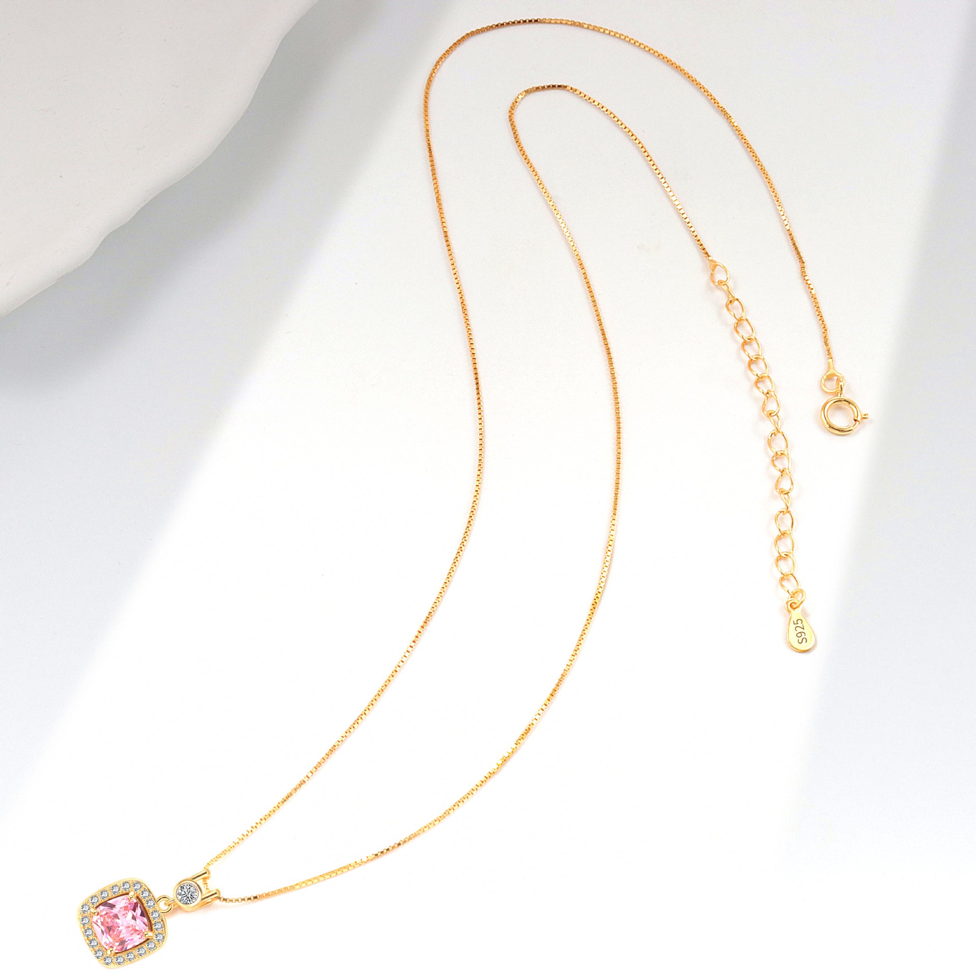 S925 sterling silver necklace square pink zircon pendant clavicle chain - Image 4