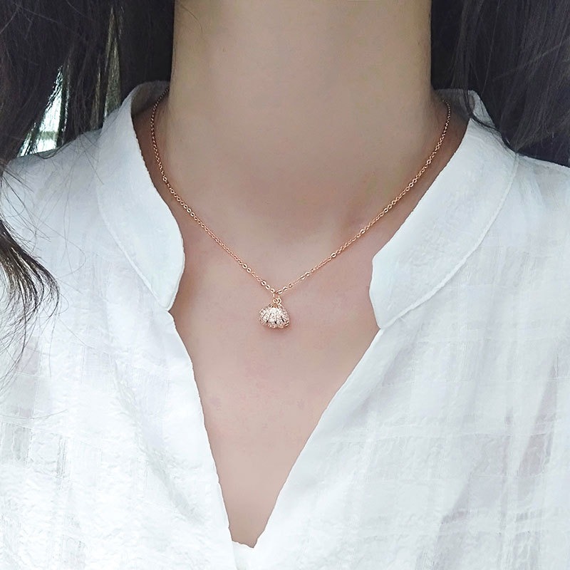 S925 sterling silver necklace silver inlaid with zircon shells pearl pendant clavicle chain - Image 5