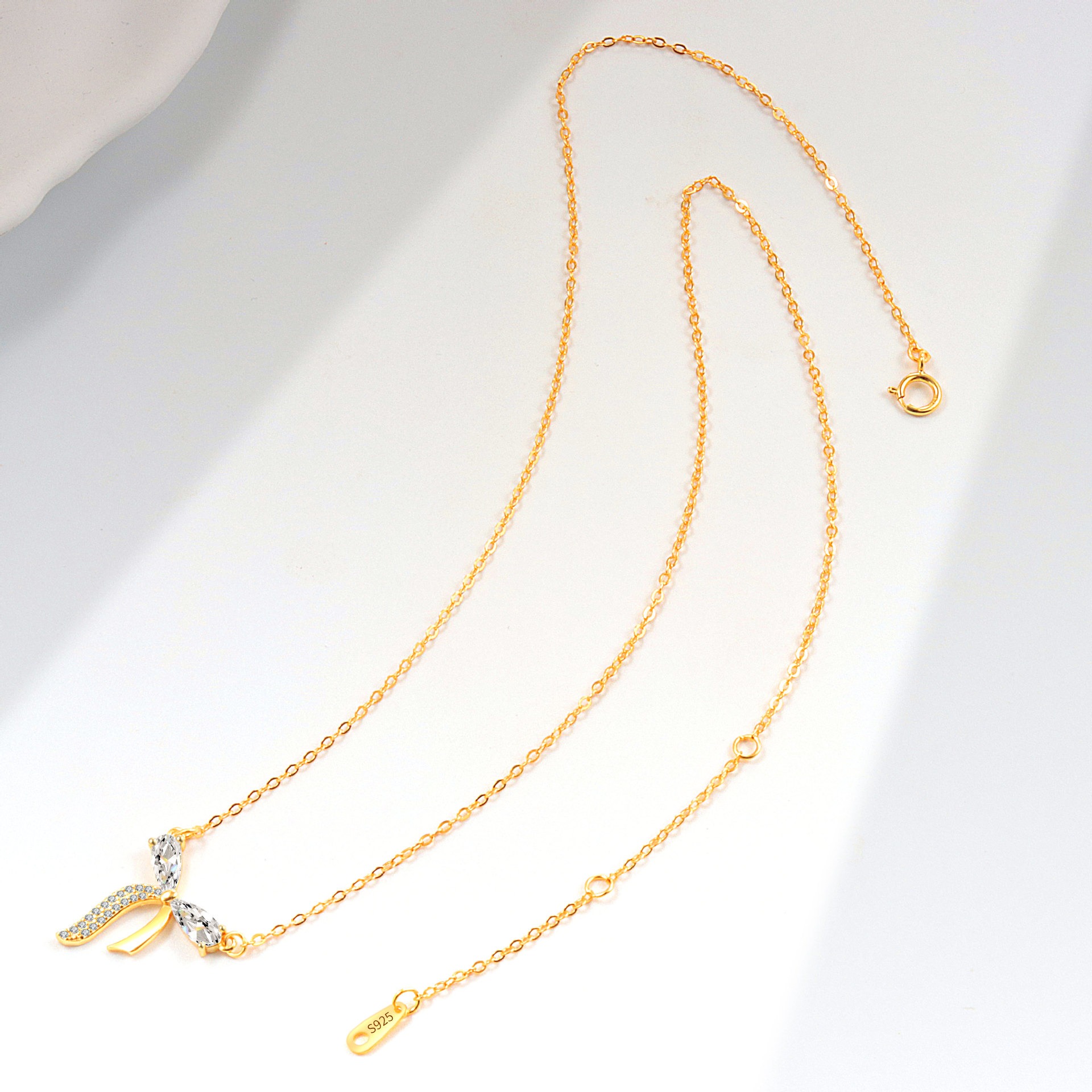 S925 sterling silver necklace silver inlaid zirconia bow pendant clavicle chain - Image 4