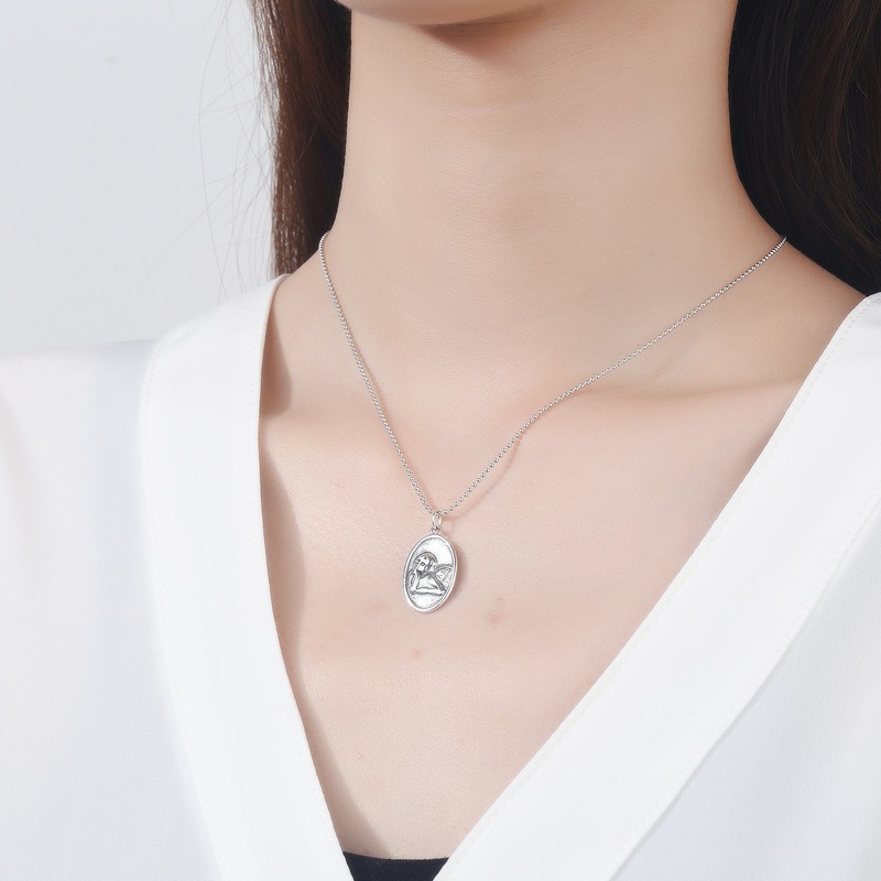 S925 sterling silver necklace oval angel pendant elongated sweater chain clavicle chain - Image 5