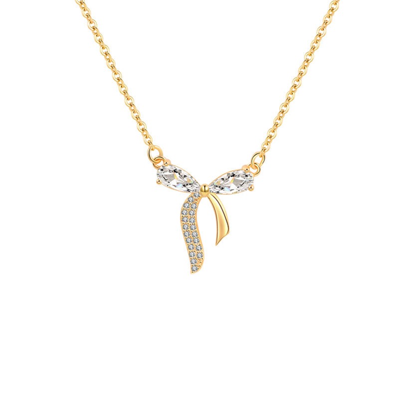 S925 sterling silver necklace silver inlaid zirconia bow pendant clavicle chain - Image 2