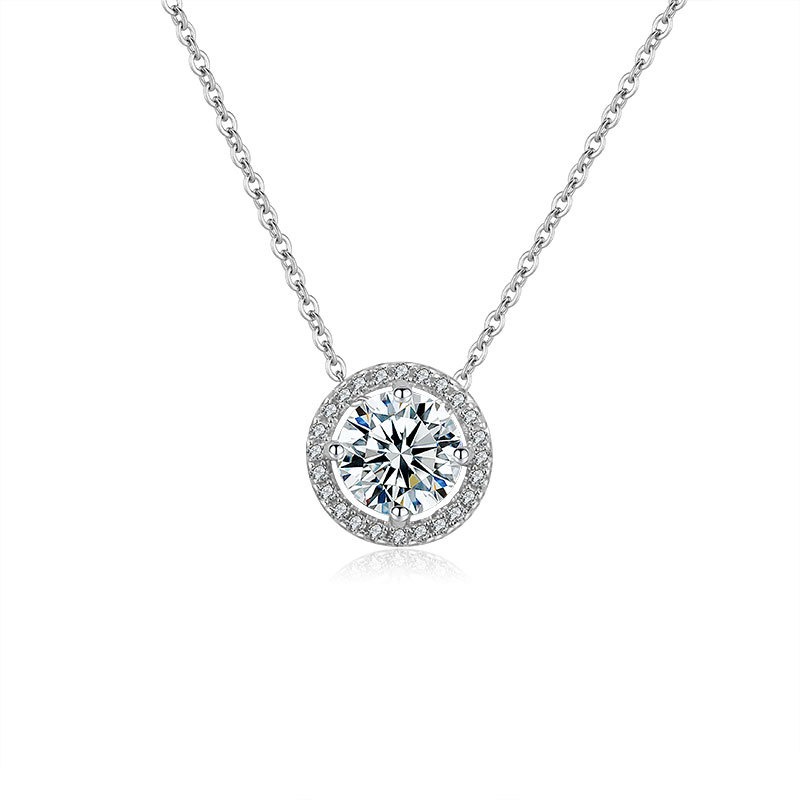 S925 sterling silver necklace moissanite round pendant clavicle chain