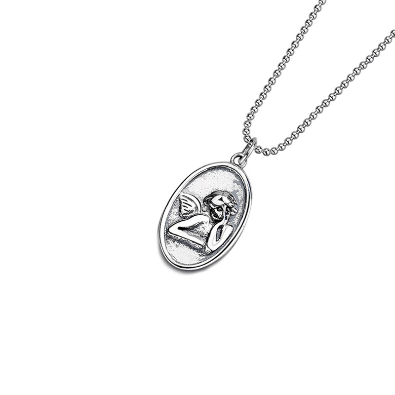 S925 sterling silver necklace oval angel pendant elongated sweater chain clavicle chain