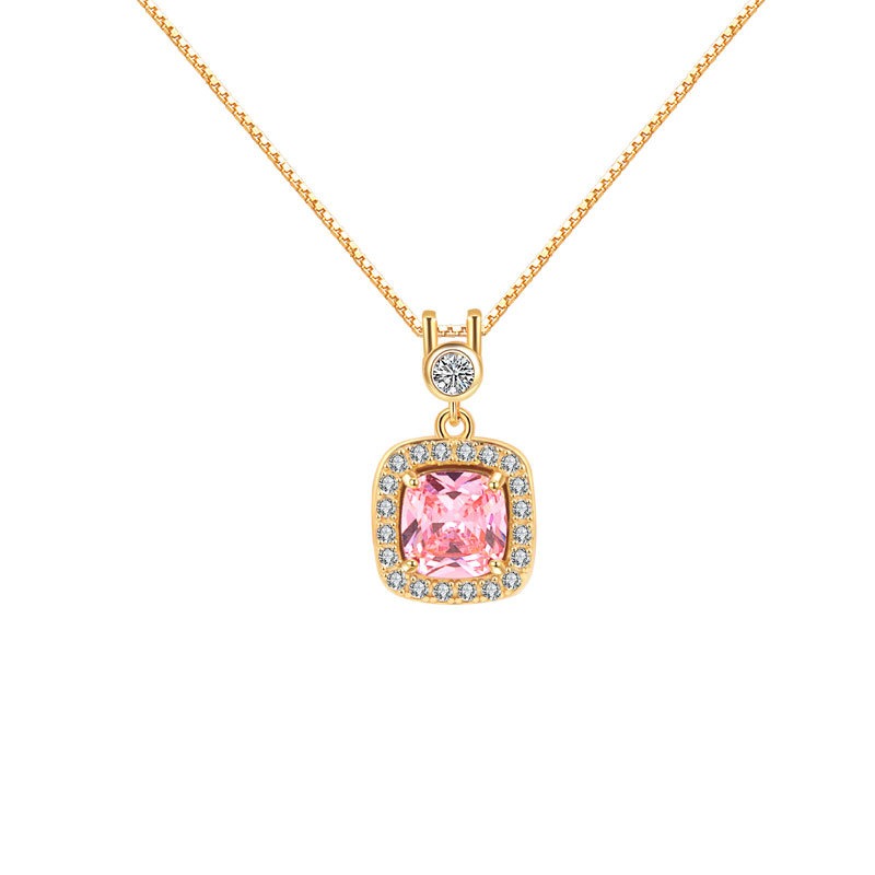 S925 sterling silver necklace square pink zircon pendant clavicle chain - Image 2