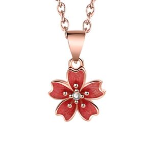 S925 Sterling Silver Necklace Red Sakura Rotatable Pendant Clavicle Chain