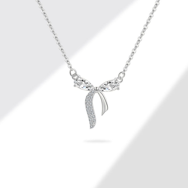 S925 sterling silver necklace silver inlaid zirconia bow pendant clavicle chain - Image 3