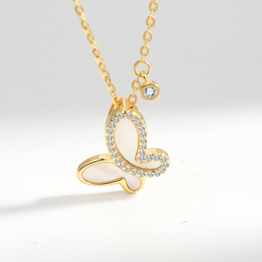 S925 sterling silver necklace silver set with zircon butterfly mother-of-pearl pendant clavicle chain - Image 2