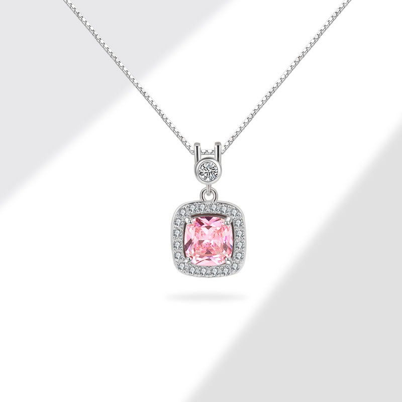 S925 sterling silver necklace square pink zircon pendant clavicle chain - Image 3
