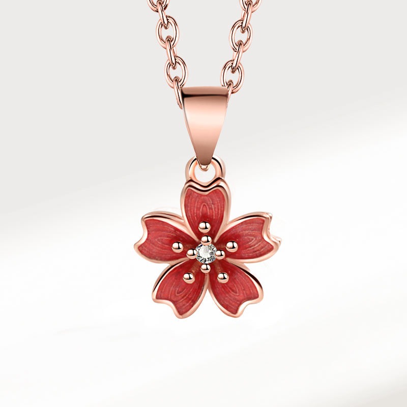 S925 Sterling Silver Necklace Red Sakura Rotatable Pendant Clavicle Chain - Image 2