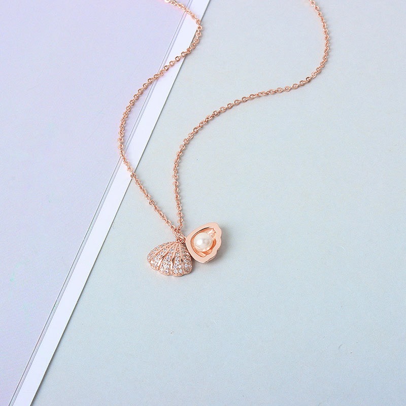 S925 sterling silver necklace silver inlaid with zircon shells pearl pendant clavicle chain - Image 2