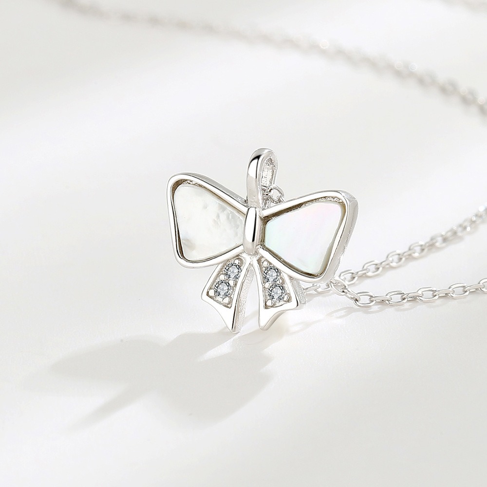 S925 sterling silver necklace mother-of-pearl bow pendant clavicle chain - Image 3