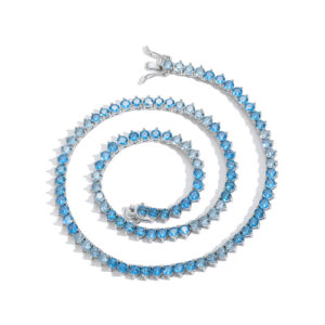 LXXL4010 Hip Hop Copper Inlaid Zircon Gradient Blue 4mm Three Claw Single Row Tennis Chain Necklace