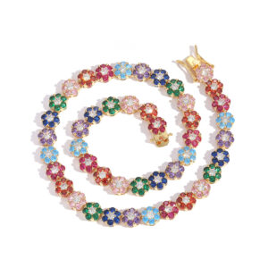 LXXL4022 Hip Hop Copper Inlaid Zircon 9mm Color Flower Shape Single Row Tennis Chain Necklace