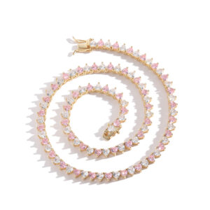 Hip Hop copper inlaid zircon 4mm coloful heart shaped 3 prong single row chain necklace