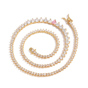 Hip Hop copper inlaid zircon gradient large heart shape single row tennis chain necklace